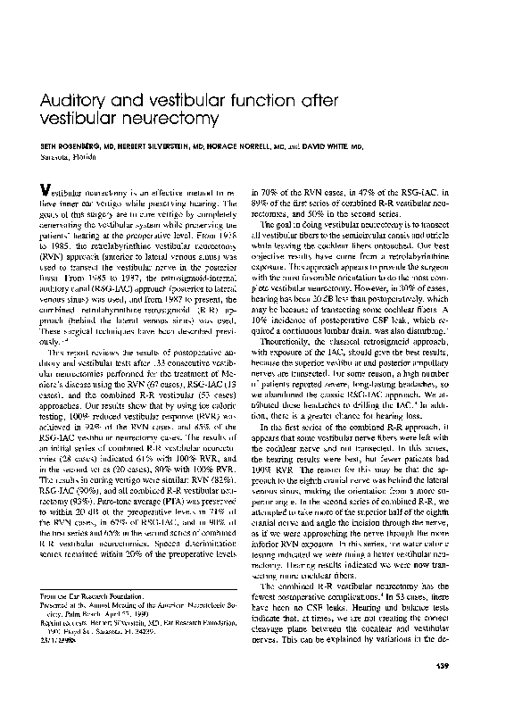(PDF) Auditory and vestibular function after vestibular neurectomy