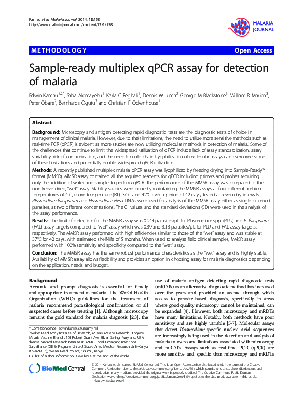 (PDF) Sample-ready multiplex qPCR assay for detection of malaria