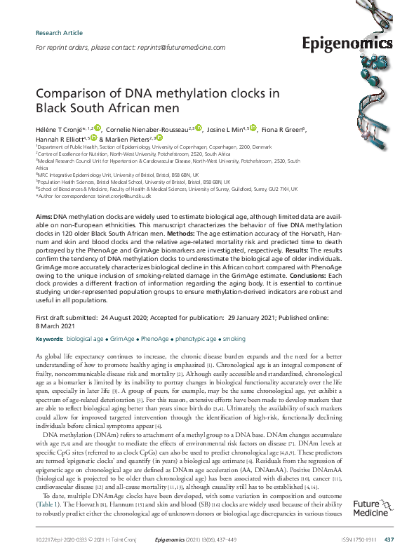 (PDF) Comparison of DNA methylation clocks in Black South African men ...