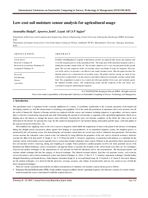 (PDF) Low-Cost Soil Moisture Sensor Analysis for Agricultural Usage