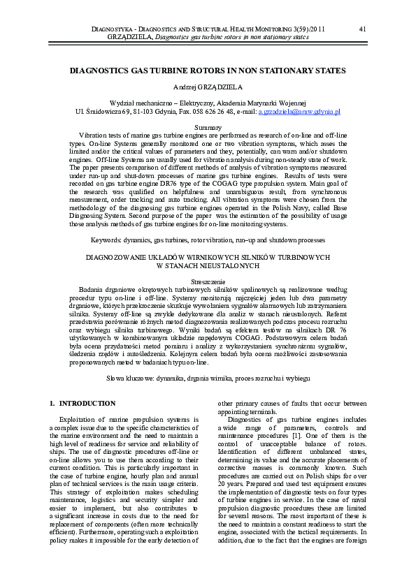 (PDF) Diagnostics gas turbine rotors in non stationary states