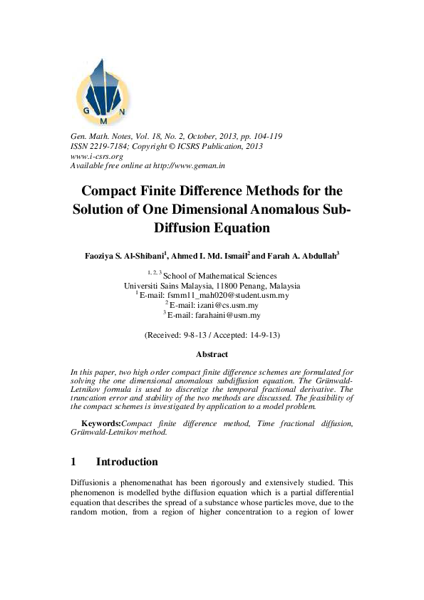 (PDF) Compact Finite Difference Methods for the Solution of One ...