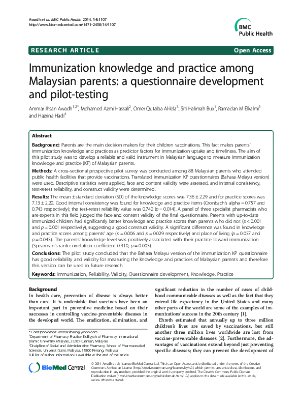 (PDF) Immunization knowledge and practice among Malaysian parents: a ...