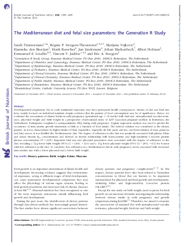 (PDF) The Mediterranean diet and fetal size parameters: the Generation ...