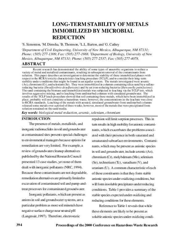 (PDF) Long-Term Stability of Metals Immobilized by Microbial Reduction