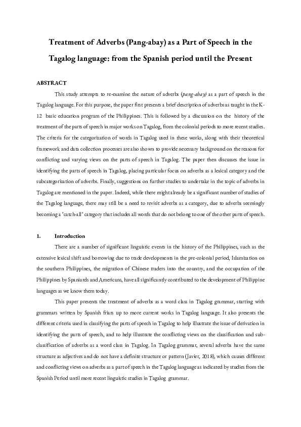 (PDF) Treatment of Adverbs (Pang-abay) as a Part of Speech in the ...