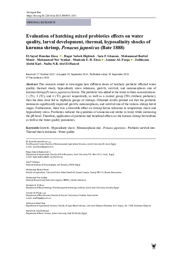 (PDF) Evaluation of hatching mixed probiotics effects on water quality ...