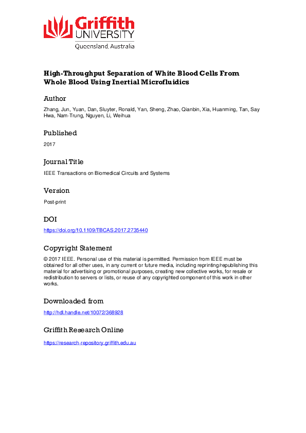 (PDF) High-Throughput Separation of White Blood Cells From Whole Blood ...
