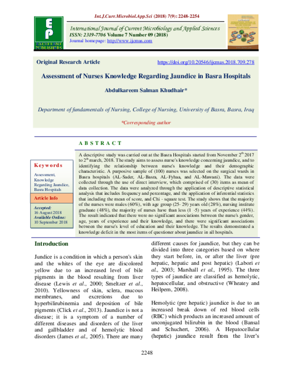 (PDF) Assessment of Nurses Knowledge Regarding Jaundice in Basra Hospitals