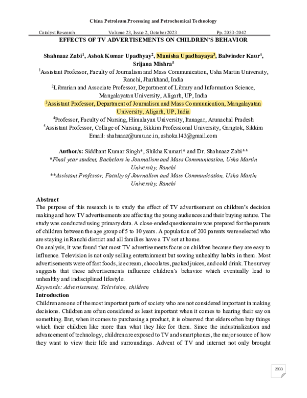 (PDF) EFFECTS OF TV ADVERTISEMENTS ON CHILDREN'S BEHAVIOR