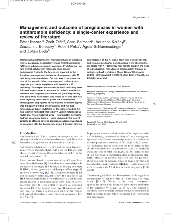 (PDF) Management and outcome of pregnancies in women with antithrombin ...