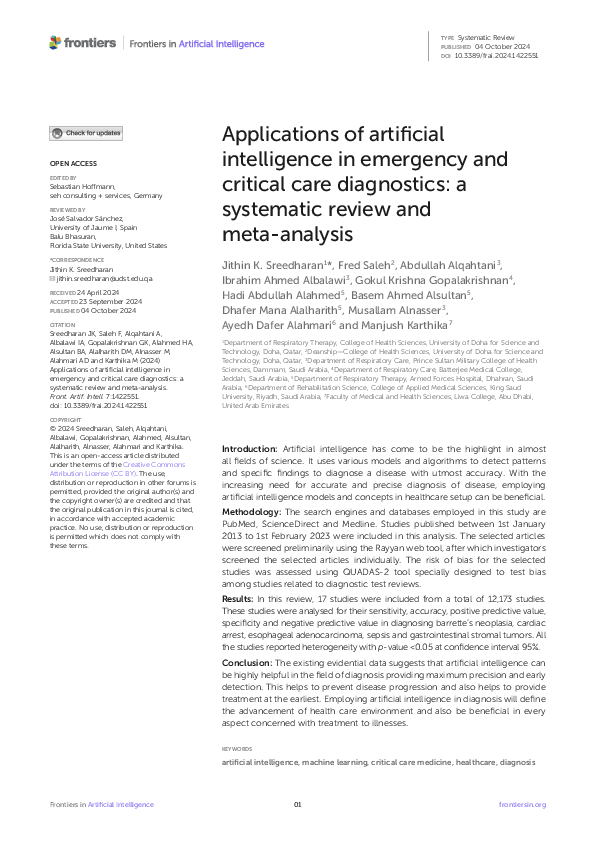 (PDF) Applications of artificial intelligence in emergency and critical ...