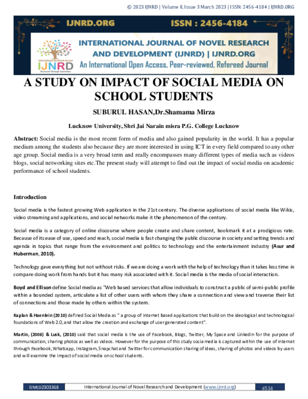(PDF) A STUDY ON IMPACT OF SOCIAL MEDIA ON SCHOOL STUDENTS