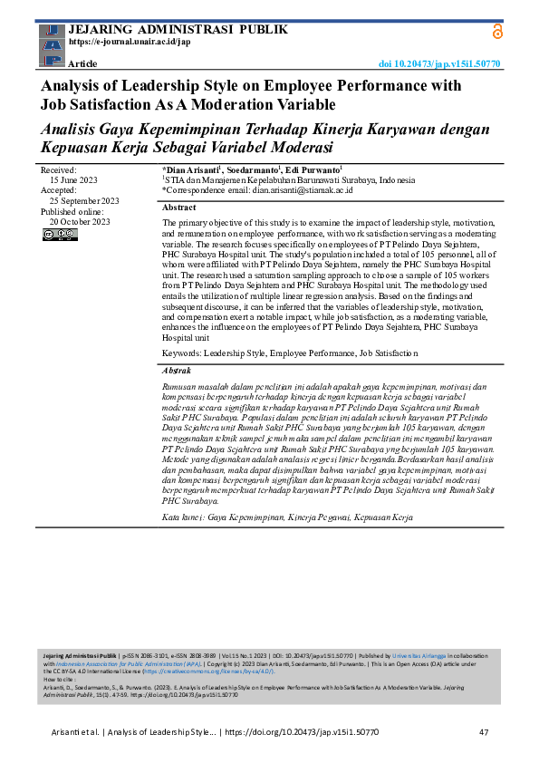 (PDF) Analysis of Leadership Style on Employee Performance with Job ...