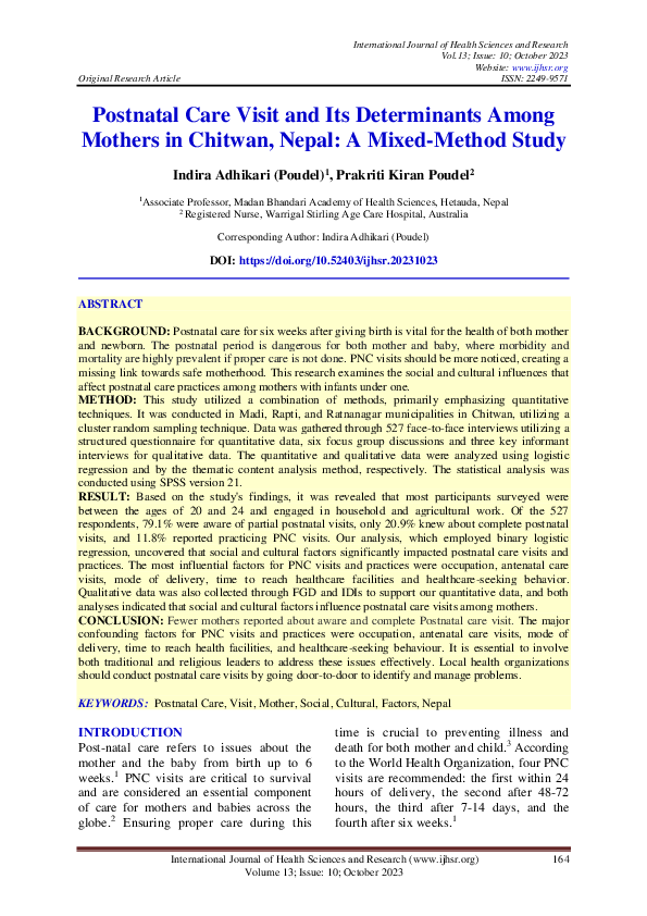 (PDF) Postnatal Care Visit and Its Determinants Among Mothers in ...