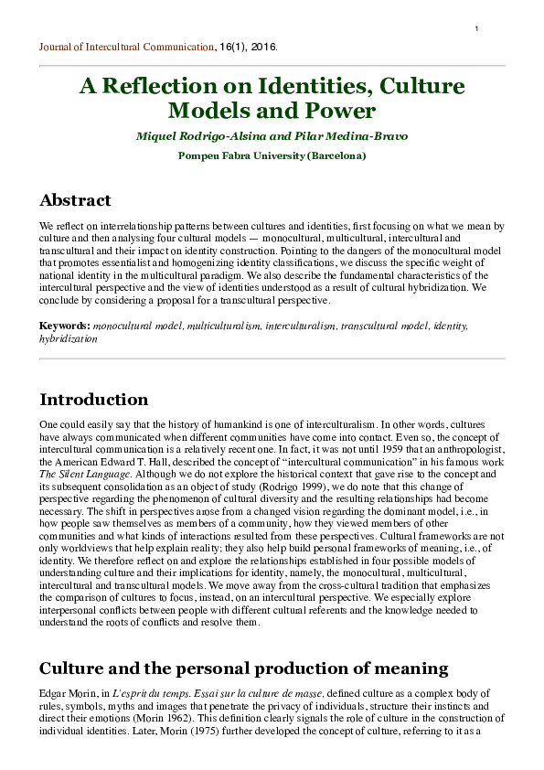 (PDF) A Reflection on Identities, Culture Models and Power