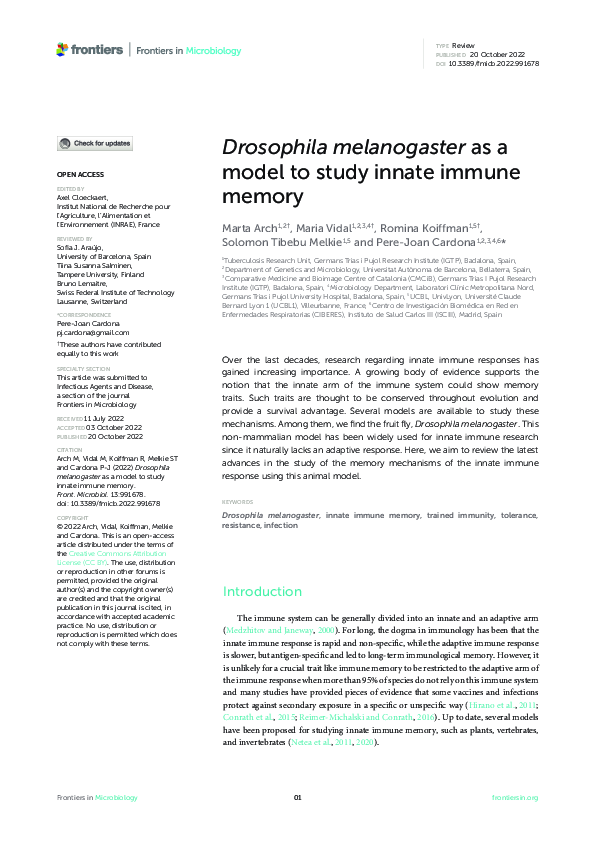 (PDF) Drosophila melanogaster as a model to study innate immune memory