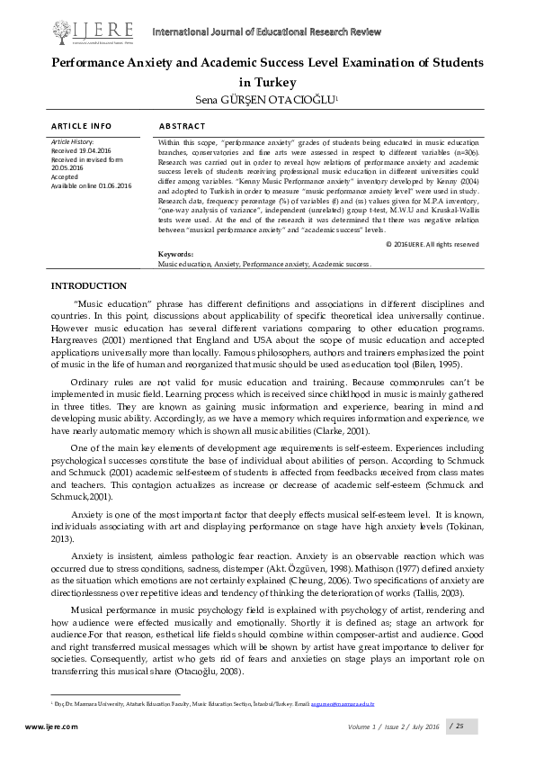 (PDF) Performance anxiety and academic success level examination of ...