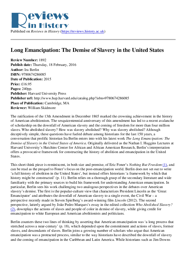 (PDF) The long emancipation: the demise of slavery in the United States