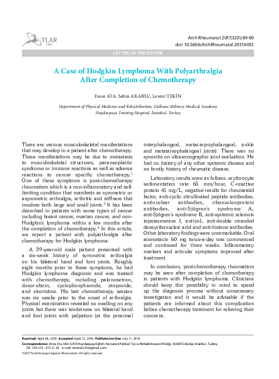 (PDF) A Case of Hodgkin Lymphoma With Polyarthralgia After Completion ...