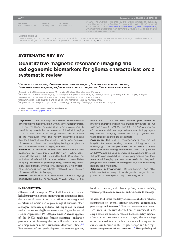 (PDF) Quantitative magnetic resonance imaging and radiogenomic ...