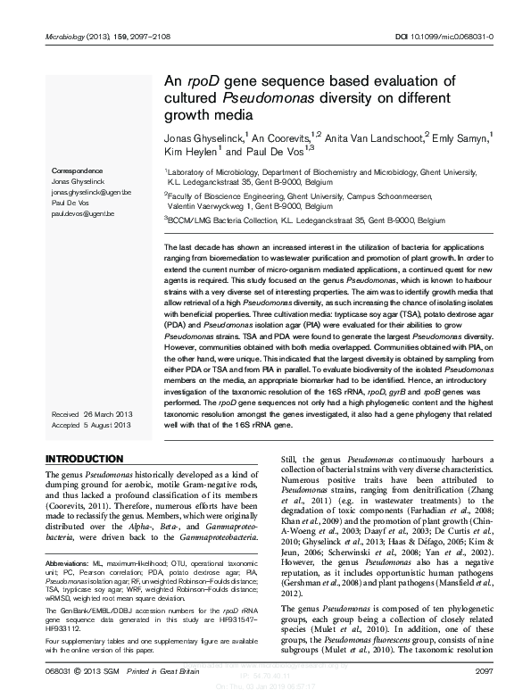 (PDF) An rpoD gene sequence based evaluation of cultured Pseudomonas ...