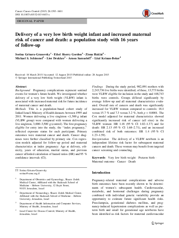 (PDF) Delivery of a very low birth weight infant and increased maternal ...