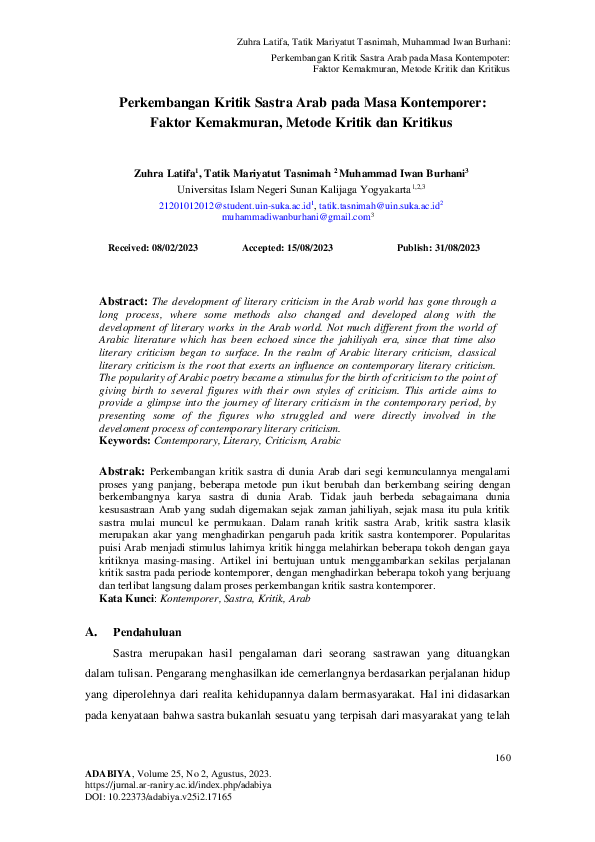 (PDF) Perkembangan Kritik Sastra Arab Pada Masa Kontemporer: Faktor ...