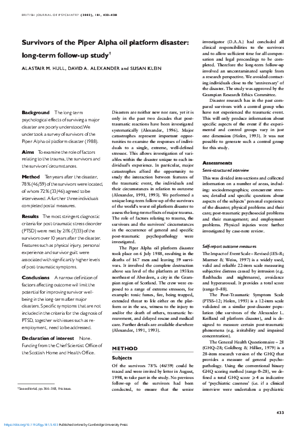 (PDF) Survivors of the Piper Alpha oil platform disaster: long-term ...