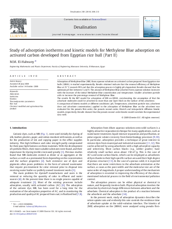 (PDF) Study of adsorption isotherms and kinetic models for Methylene ...