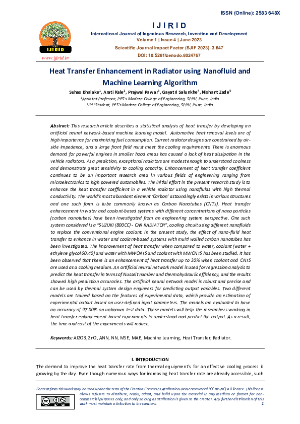(PDF) Heat Transfer Enhancement in Radiator using Nanofluid and Machine ...