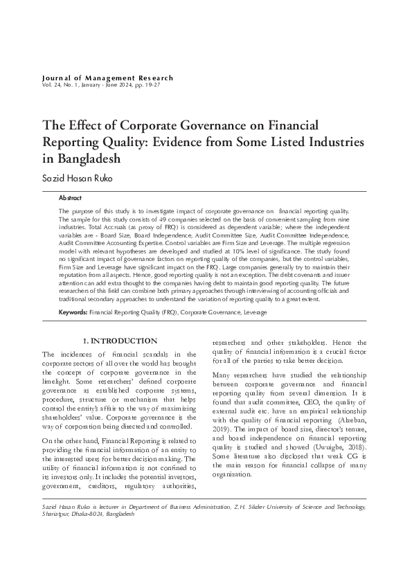 (PDF) The Effect of Corporate Governance on Financial Reporting Quality ...