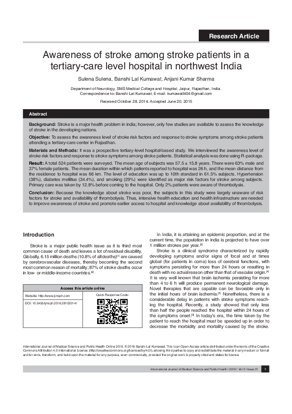 (PDF) Awareness of stroke among stroke patients in a tertiary-care ...