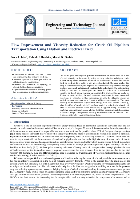 (PDF) Flow Improvement and Viscosity Reduction for Crude Oil Pipelines ...