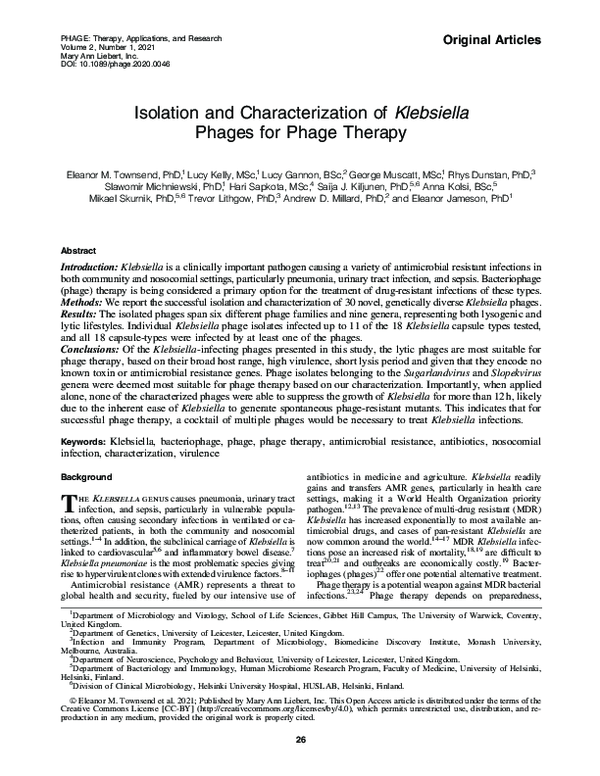 (PDF) Isolation and Characterization of Klebsiella Phages for Phage Therapy