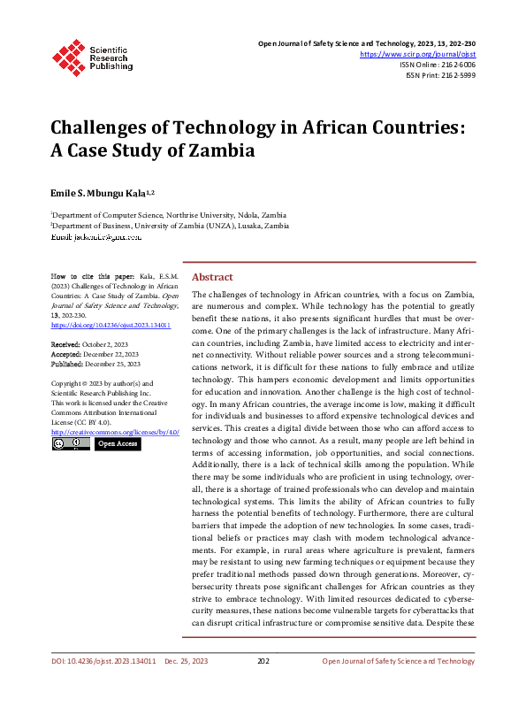 (PDF) Challenges of Technology in African Countries: A Case Study of Zambia