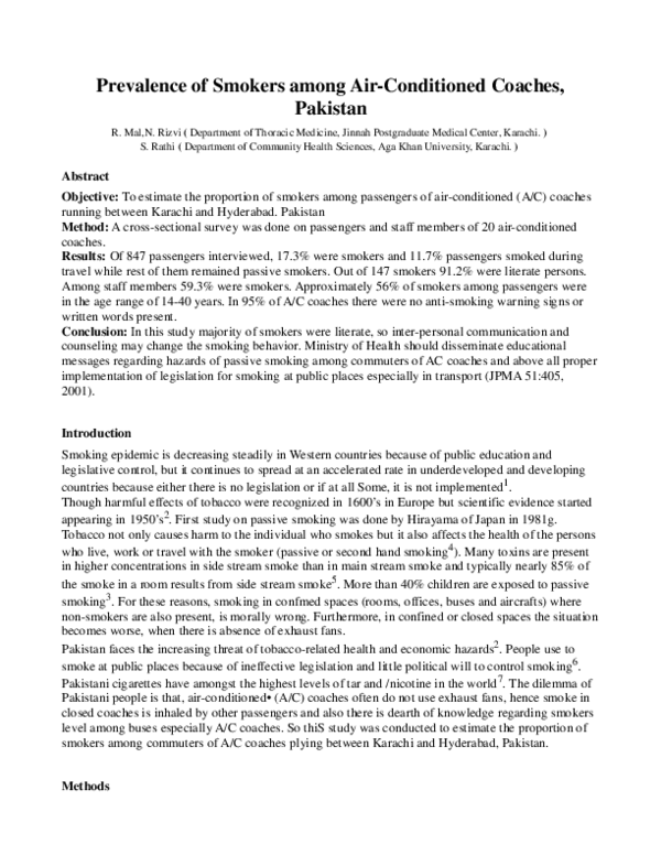 (PDF) Prevalence of smokers among air-conditioned coaches, Pakistan