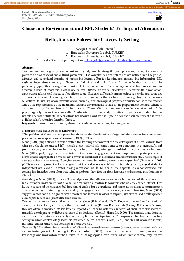(PDF) Classroom Environment and EFL Students' Feelings of Alienation ...