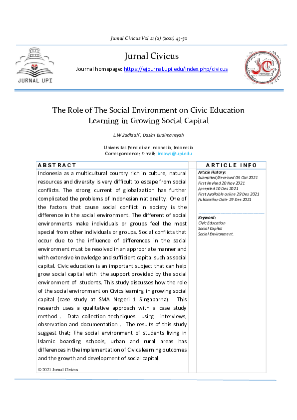 (PDF) The Role of The Social Environment on Civic Education Learning in ...