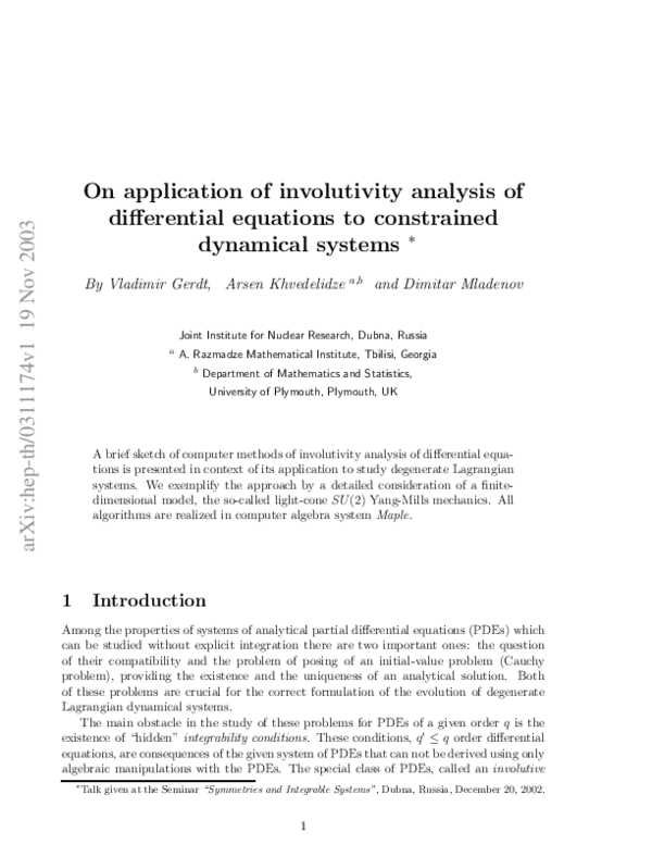 (PDF) On application of involutivity analysis of differential equations ...