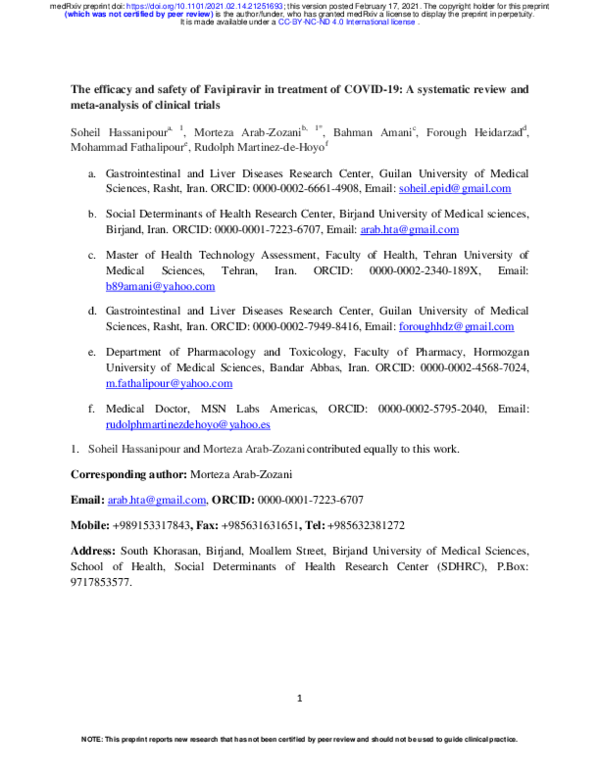 (PDF) The efficacy and safety of Favipiravir in treatment of COVID-19 ...