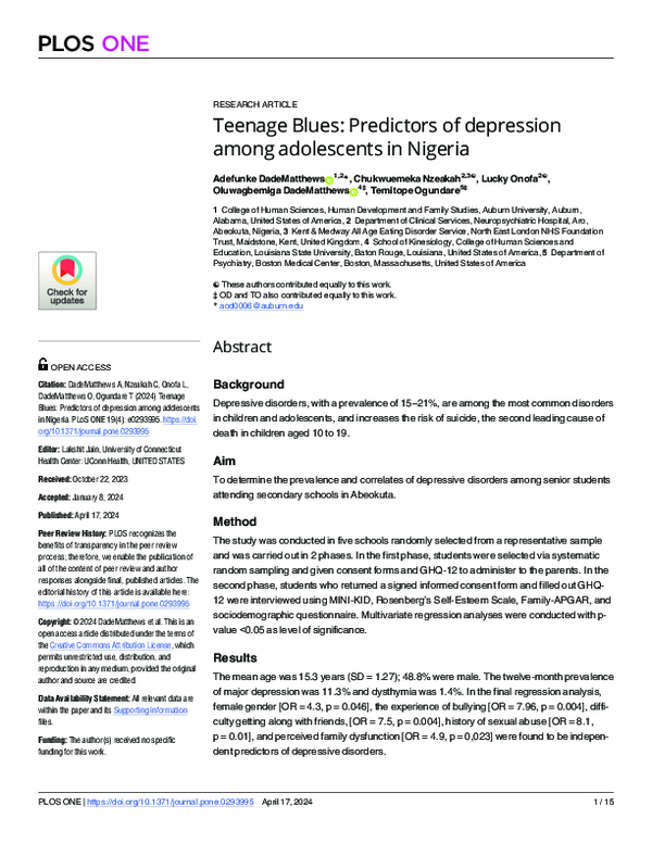 (PDF) Teenage Blues: Predictors of depression among adolescents in Nigeria