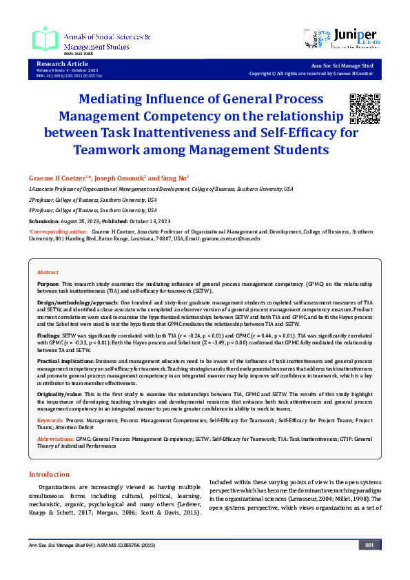 (PDF) Mediating Influence of General Process Management Competency on ...