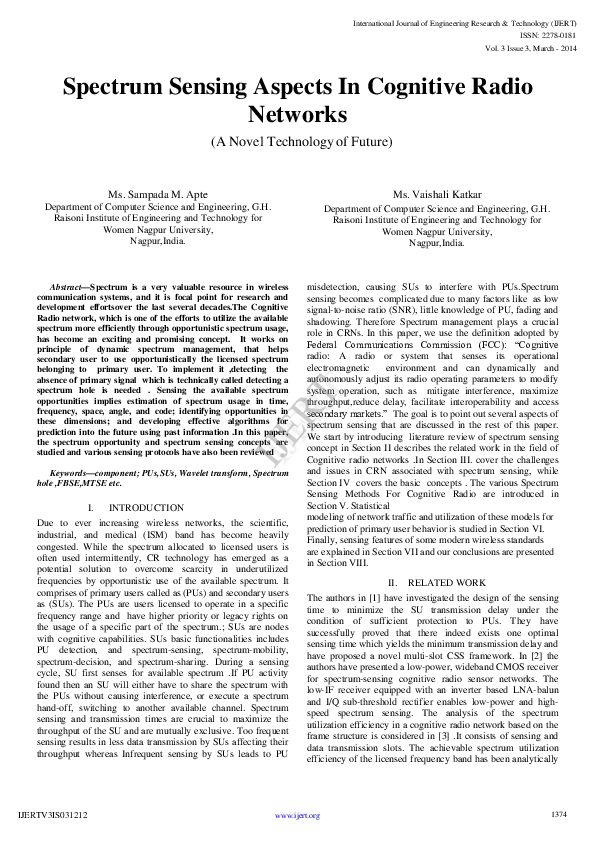 (PDF) Spectrum Sensing Aspects in Cognitive Radio Networks