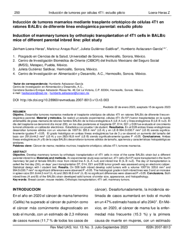 (PDF) Inducción de tumores mamarios mediante trasplante ortotópico de ...