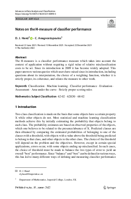 (PDF) Notes on the H-measure of classifier performance