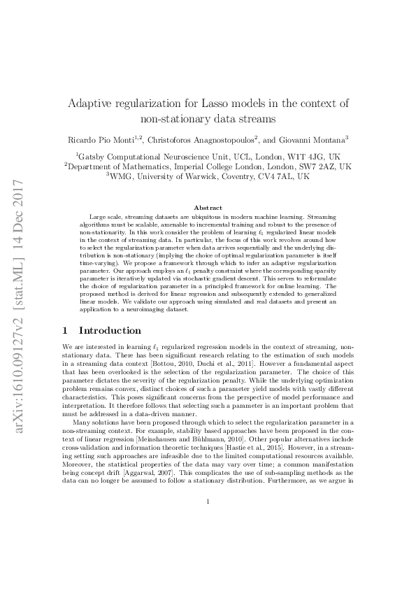 (PDF) A framework for adaptive regularization in streaming Lasso models