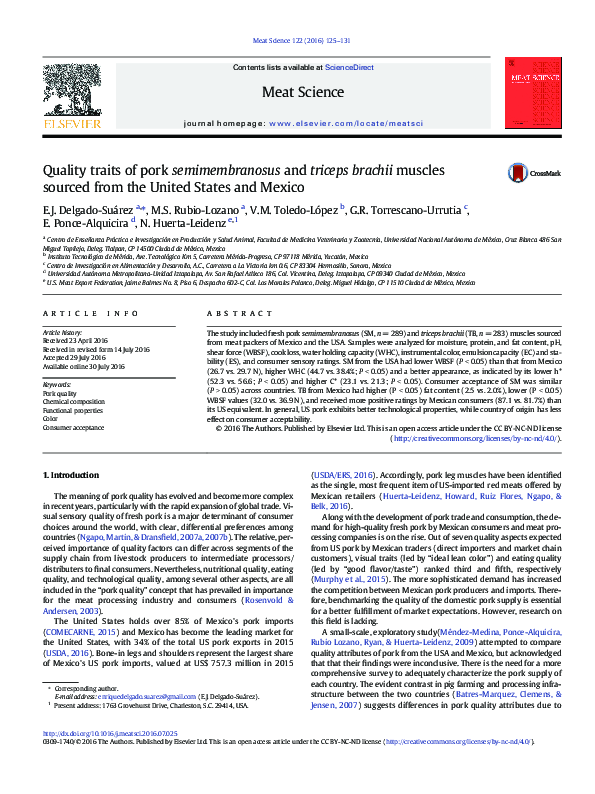 (PDF) Quality traits of pork semimembranosus and triceps brachii ...