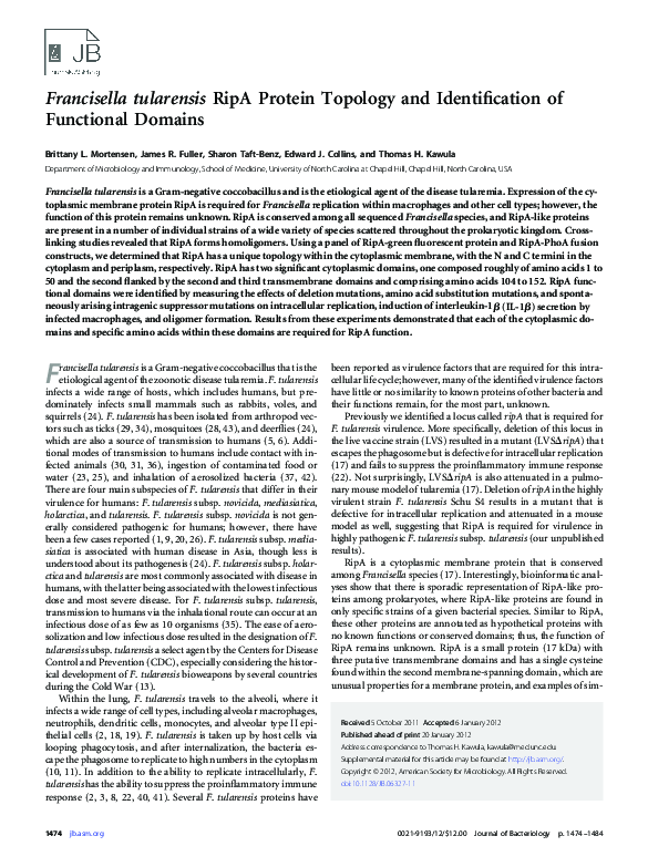 (PDF) Topology and Functional Domains of RipA in Francisella tularensis