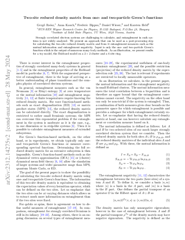 (PDF) Two-site reduced density matrix from one- and two-particle Green ...